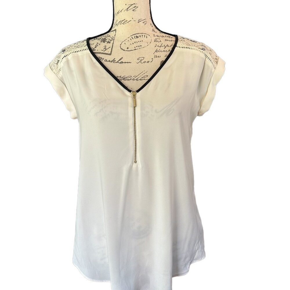 Off-White Zip Front Lacey Shoulder Blouse